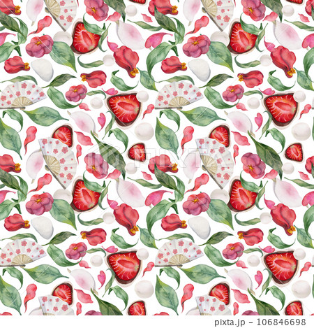 Watercolor seamless pattern with hand drawn traditional Japanese sweets. Wagashi, mochi, camellia flowers. Isolated on white background. Invitations, restaurant menu, greeting cards, print, textile Watercolor seamless pattern with hand drawn traditional Japanese sweets. Wagashi, mochi, camellia flowers. Isolated on white background. Invitations, restaurant menu, greeting cards, print, textile 106846698