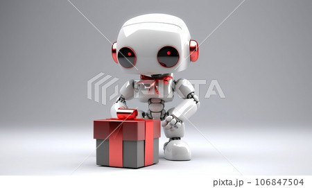 White, modern robot with New Year and Christmas gifts on a plain background. AI generated White, modern robot with New Year and Christmas gifts on a plain background. AI generated 106847504