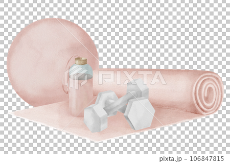Sports fitball and pink yoga mat on isolated background. Hand drawn watercolor illustration of Fitness exercise equipment for women. Composition of dumbbells and water bottle for female gym training. Sports fitball and pink yoga mat on isolated background. Hand drawn watercolor illustration of Fitness exercise equipment for women. Composition of dumbbells and water bottle for female gym training. 106847815