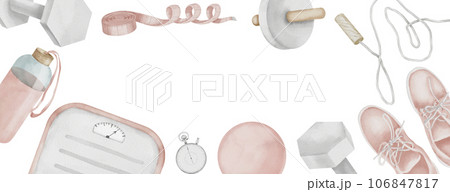 Fitness Banner with blank for text. Rectangular frame of female pink Sports exercise equipment. Hand drawn watercolor illustration on isolated background. Horizontal template with copy space. 106847817