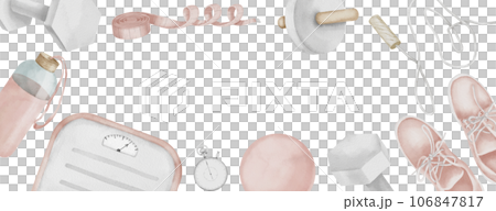 Fitness Banner with blank for text. Rectangular frame of female pink Sports exercise equipment. Hand drawn watercolor illustration on isolated background. Horizontal template with copy space. 106847817