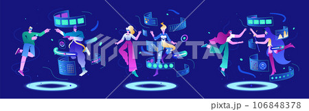 Flying people in virtual reality glasses creating digital twin in metaverse 106848378