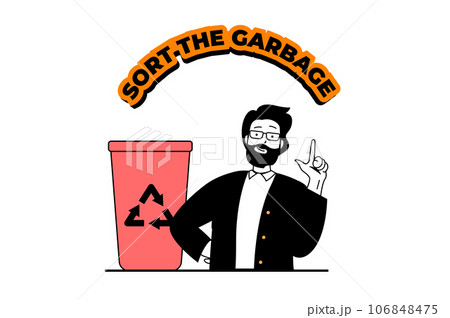 Zero waste concept with people scene in flat web design. Man campaigning eco lifestyle and sort the garbage for nature protecting. Vector illustration for social media banner, marketing material. Zero waste concept with people scene in flat web design. Man campaigning eco lifestyle and sort the garbage for nature protecting. Vector illustration for social media banner, marketing material. 106848475