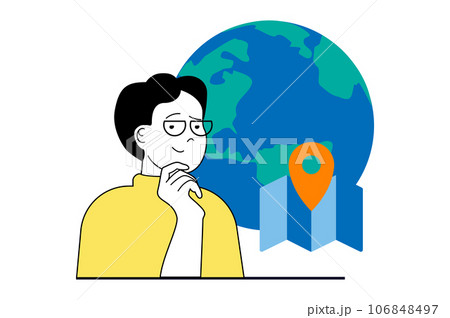 Worldwide delivery concept with people scene in flat web design. Man tracking with map and waiting shipping of international logistic. Vector illustration for social media banner, marketing material. 106848497
