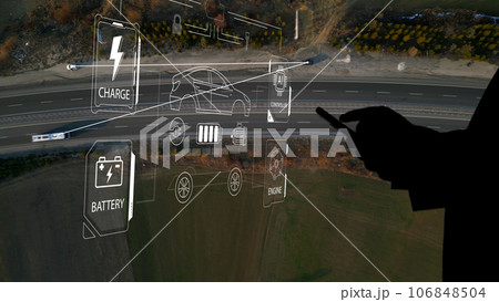 Intelligent Vehicles Cars Communicating Ai Logistic Autonomous Delivery Vehicles IoT GPS Tracking Satellite 5G Smart Roads Traffic Road Junction Interchange Motorway Triangulation Of Traffic Data Intelligent Vehicles Cars Communicating Ai Logistic Autonomous Delivery Vehicles IoT GPS Tracking Satellite 5G Smart Roads Traffic Road Junction Interchange Motorway Triangulation Of Traffic Data 106848504