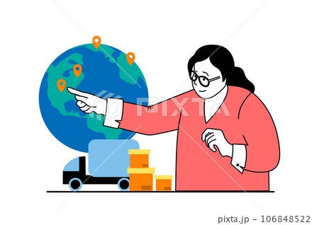 Worldwide delivery concept with people scene in flat web design. Woman managing supply shipping and international logistics business. Vector illustration for social media banner, marketing material. 106848522