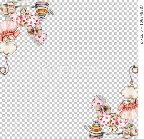 Toys frame corner composition, watercolor illustration for cards, backgrounds, scrapbooking. Cartoon hand drawn background with toys for kids design. Perfect for wedding invitation. Toys frame corner composition, watercolor illustration for cards, backgrounds, scrapbooking. Cartoon hand drawn background with toys for kids design. Perfect for wedding invitation. 106848587