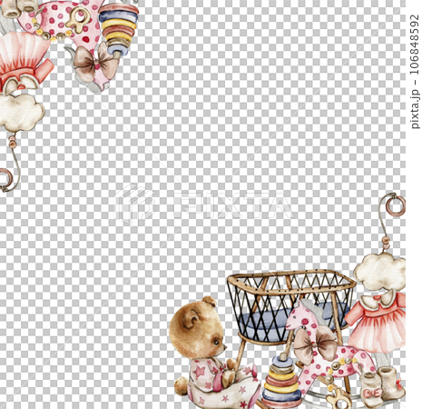 Toys frame corner composition, watercolor illustration for cards, backgrounds, scrapbooking. Cartoon hand drawn background with toys for kids design. Perfect for wedding invitation. Toys frame corner composition, watercolor illustration for cards, backgrounds, scrapbooking. Cartoon hand drawn background with toys for kids design. Perfect for wedding invitation. 106848592