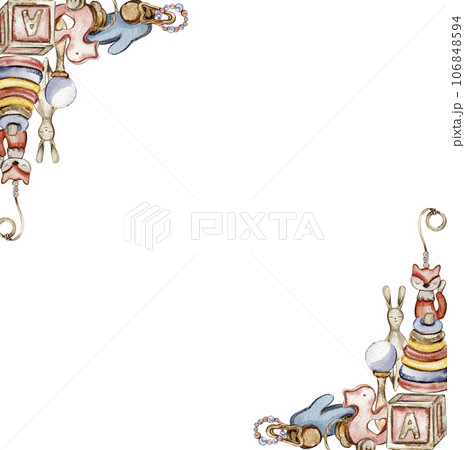 Toys frame corner composition, watercolor illustration for cards, backgrounds, scrapbooking. Cartoon hand drawn background with toys for kids design. Perfect for wedding invitation. Toys frame corner composition, watercolor illustration for cards, backgrounds, scrapbooking. Cartoon hand drawn background with toys for kids design. Perfect for wedding invitation. 106848594