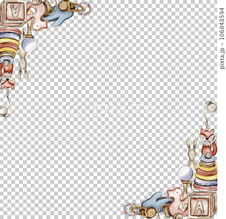 Toys frame corner composition, watercolor illustration for cards, backgrounds, scrapbooking. Cartoon hand drawn background with toys for kids design. Perfect for wedding invitation. Toys frame corner composition, watercolor illustration for cards, backgrounds, scrapbooking. Cartoon hand drawn background with toys for kids design. Perfect for wedding invitation. 106848594