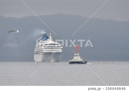 初秋の北海道函館市函館港に入港するクルーズ船飛鳥Ⅱとタグボートの風景を撮影 106848646