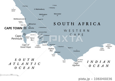 Cape of Good Hope, region in South Africa, gray political map. From Cape Town and Cape Peninsula, a rocky headland on the South Atlantic coast, to Cape Agulhas, southern tip of the continent Africa. 106848836