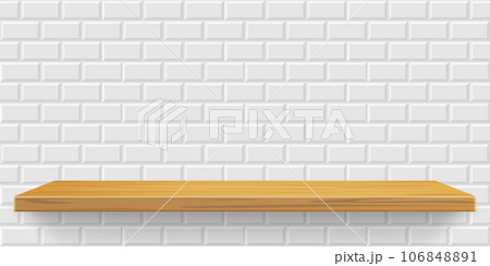 Wooden shef on white metro tile background. Vector realistic tabletop sheet, kitchen furniture of natural materials on perspective proection Wooden shef on white metro tile background. Vector realistic tabletop sheet, kitchen furniture of natural materials on perspective proection 106848891