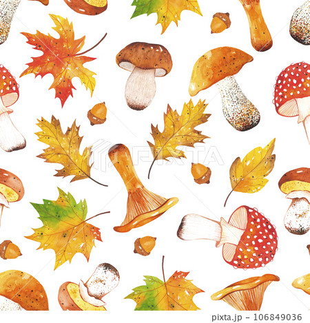 Seamless autumn bright, colorful pattern of leaves, branches, mushrooms, acorns. Hand-drawn autumn forest elements. Natural print for textile and scrapbooking. 106849036