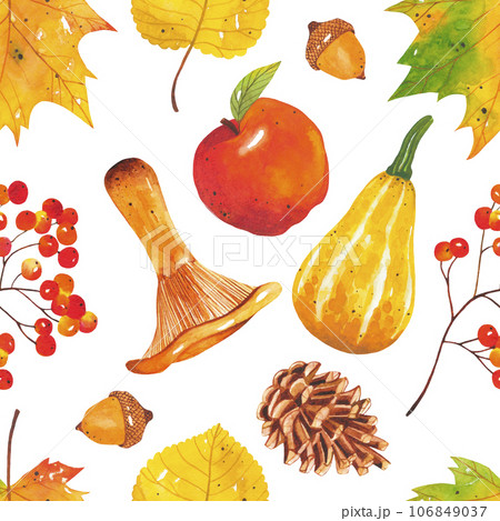 Seamless autumn bright, colorful pattern of leaves, mushrooms, acorns, cones, pumpkins, apple, rowan. Hand-drawn autumn forest elements. Natural print for textile and scrapbooking. Seamless autumn bright, colorful pattern of leaves, mushrooms, acorns, cones, pumpkins, apple, rowan. Hand-drawn autumn forest elements. Natural print for textile and scrapbooking. 106849037