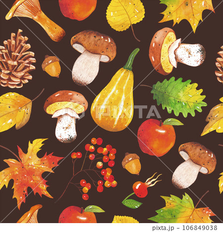 Seamless autumn bright, colorful pattern of leaves, mushrooms, acorns, cones, pumpkins, apple, rowan on brown background. Hand-drawn autumn forest elements. Natural print for textile and scrapbooking. Seamless autumn bright, colorful pattern of leaves, mushrooms, acorns, cones, pumpkins, apple, rowan on brown background. Hand-drawn autumn forest elements. Natural print for textile and scrapbooking. 106849038