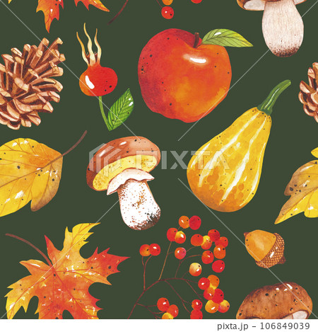 Seamless autumn bright, colorful pattern of leaves, mushrooms, acorns, cones, pumpkins, apple on dark green background. Hand-drawn autumn forest elements. Natural print for textile and scrapbooking. 106849039