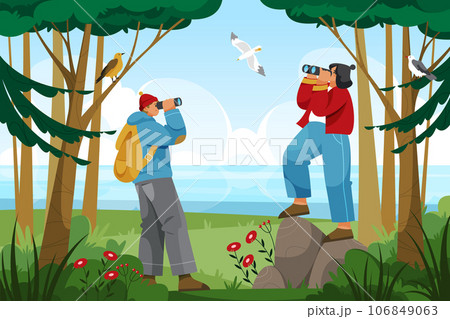 Ornithologist at nature observing birds vector Ornithologist at nature observing birds vector 106849063