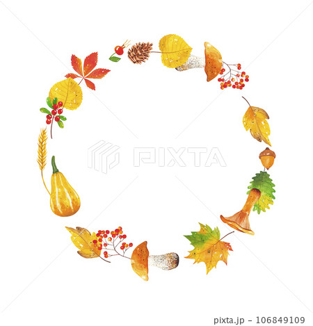 Round watercolor frame of leaves, mushrooms, mountain ash, acorn, pumpkin, wheat, cranberries, rose hips and cones. Autumn wreath for invitation, poster and banner. Autumn time. Harvest festival. Round watercolor frame of leaves, mushrooms, mountain ash, acorn, pumpkin, wheat, cranberries, rose hips and cones. Autumn wreath for invitation, poster and banner. Autumn time. Harvest festival. 106849109