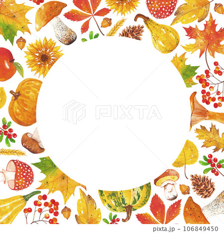 Watercolor frame of autumn leaves, sunflowers, mushrooms, acorns, cones, pumpkins, mountain ash, cranberries and wheat. Forest colorful natural elements. Autumn frame for invitation, poster and banner 106849450