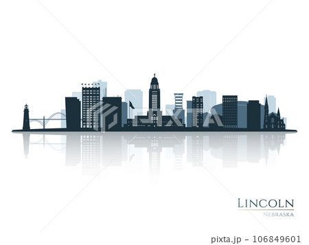 Lincoln skyline silhouette with reflection. 106849601