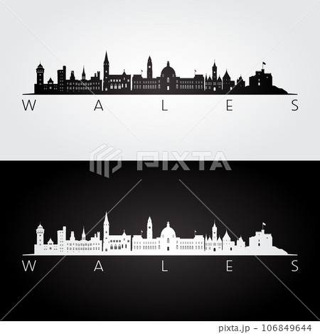 Wales skyline and landmarks silhouette Wales skyline and landmarks silhouette 106849644