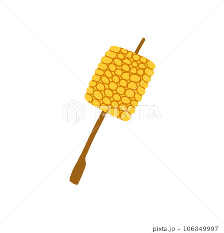 Grilled Corn On Stick. Fried fast food BBQ. Yellow vegetable corncob barbeque. Mexican maize on skewer. Hot organic snack steak. Kebab vegetarian dinner isolated on white 106849997