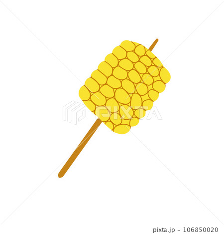 Grilled Corn On Stick. Fried fast food BBQ. Yellow vegetable corncob barbeque. Mexican maize on skewer. Hot organic snack steak. Kebab vegetarian dinner isolated on white 106850020