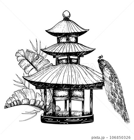 Exotic pavilion with tropical palm leaves and peacock sitting on the roof black and white vector graphic illustration of Asian garden Exotic pavilion with tropical palm leaves and peacock sitting on the roof black and white vector graphic illustration of Asian garden 106850326