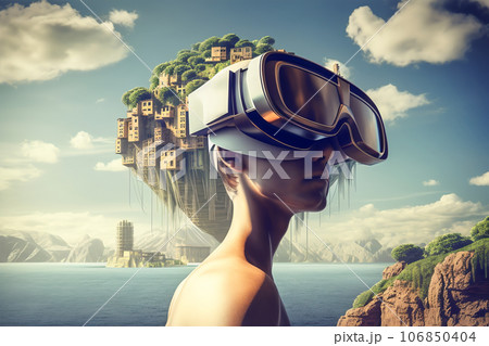 Woman wearing goggles VR. Fantasy flying island in ocean with sky and clouds. Castle on rock with sky background.  106850404