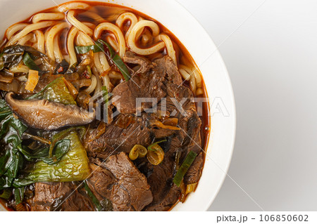 Taiwanese beef noodle on white background 106850602