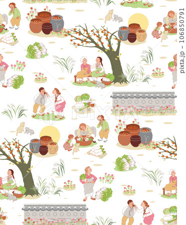 Seamless Vector Illustration of Kimchi-Making Day: Heartwarming Illustration of Families and Village Folk Coming Together to Make Kimchi. 106850791