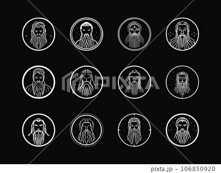 Jesus Christ portrait round icon set, clean logo emblem depicting a bearded sage for religious organizations and spirituality brands. Iconic silhouette design. Vector logo 106850920