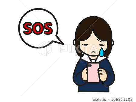 SOSのサインを出すスマホを持った女子学生 SOSのサインを出すスマホを持った女子学生 106851108