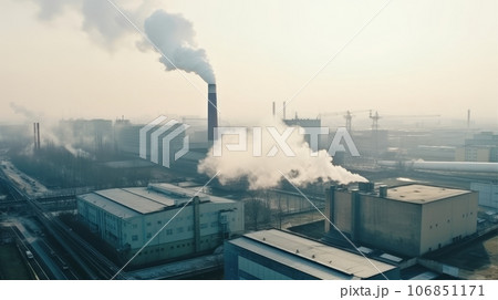 Top view of industrial landscape with chimneys with thick smoke causing air pollution in a gray smoky sky 106851171