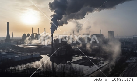 Top view of industrial landscape with chimneys with thick smoke causing air pollution Top view of industrial landscape with chimneys with thick smoke causing air pollution 106851172