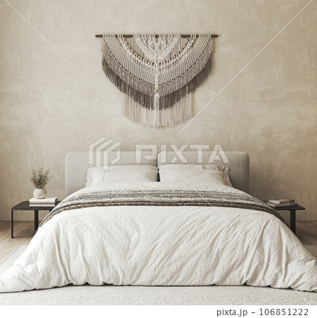 Home interior bedroom with bed and ethnic decor. White bedding and black bedside table. 3d rendering. High quality 3d illustration 106851222