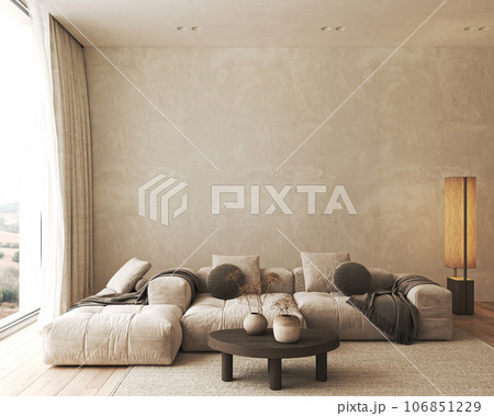 Boho beige livingroom with big lamp, window and sofa background. Light modern farmhouse nature interior. 3d rendering. High quality 3d illustration 106851229