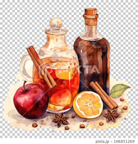 Watercolor mulled wine from a bottle with cinnamon, vanilla and apple Watercolor mulled wine from a bottle with cinnamon, vanilla and apple 106851269