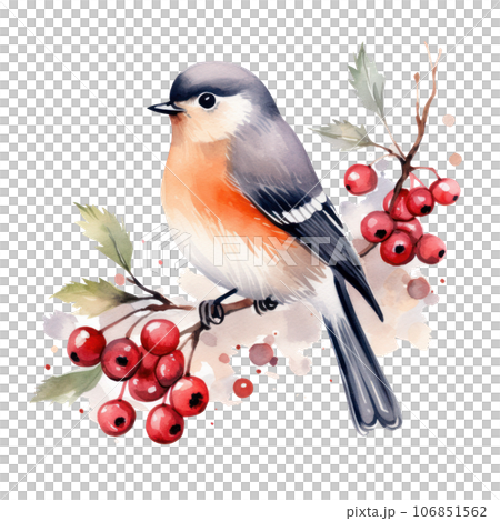 A bird sitting on a branch with red berries below it 106851562