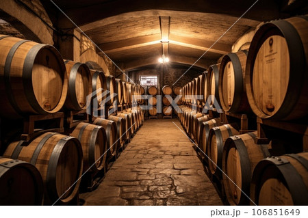 Old oak wooden barrels in underground cellars for maturing wine or whiskey Old oak wooden barrels in underground cellars for maturing wine or whiskey 106851649