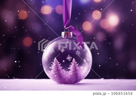 Purple glass christmas ball hanging on ribbons. Home christmas decoration Purple glass christmas ball hanging on ribbons. Home christmas decoration 106851658
