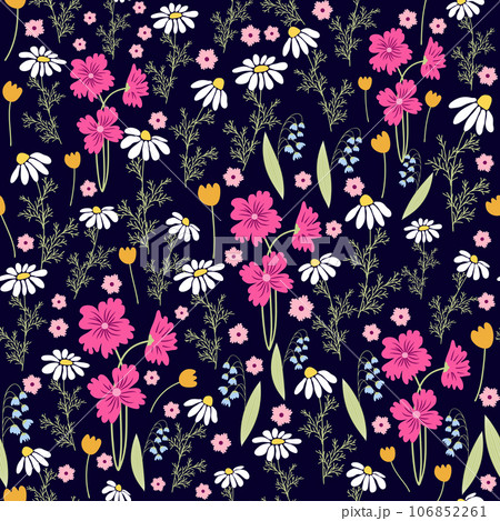 Floral seamless pattern. Daisies, lilies of the valley, clover, tulips, peonies, gritsiki, herbs. Print with small bright flowers, spring bouquet. 106852261