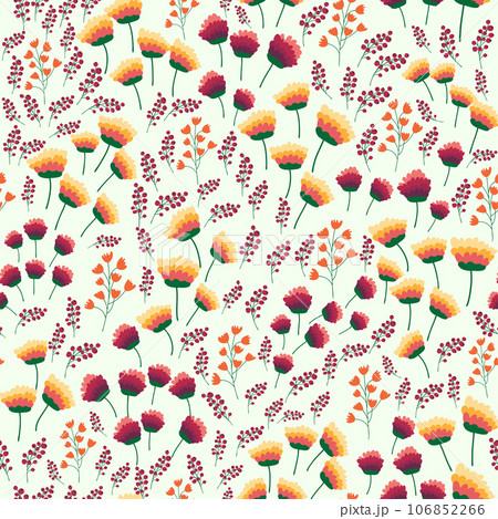 Floral seamless pattern. Daisies, lilies of the valley, clover, tulips, peonies, gritsiki, herbs. Print with small bright flowers, spring bouquet. 106852266