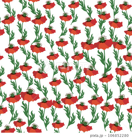 Summer seamless pattern with bright red poppy flowers and poppy pods. Field, meadow of poppies 106852280