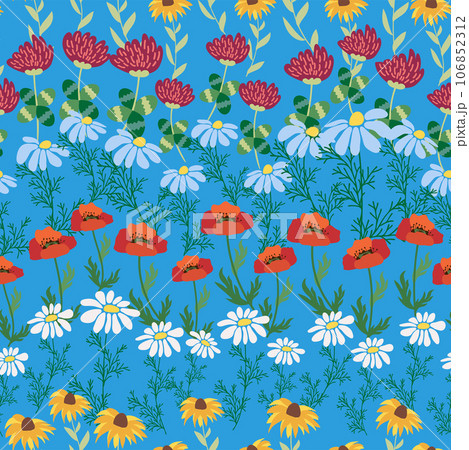 Seamless pattern with red poppies, white chamomile flowers, yellow rudbeckia. Summer flower field, meadow. Seamless pattern with red poppies, white chamomile flowers, yellow rudbeckia. Summer flower field, meadow. 106852312
