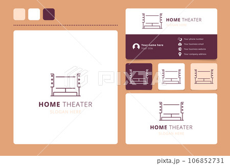 Home theater logo design with editable slogan. Branding book and business card template. Home theater logo design with editable slogan. Branding book and business card template. 106852731