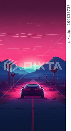 Car Cruising in Neon Desert Landscape at Night. Generative ai 106852737