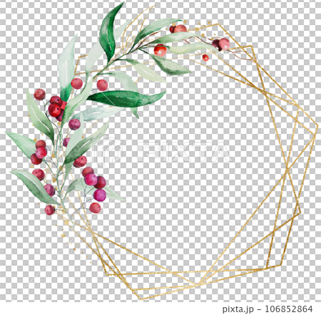 Christmas frame with watercolor twigs with green leaves and red berries. Holidays design Illustration Christmas frame with watercolor twigs with green leaves and red berries. Holidays design Illustration 106852864