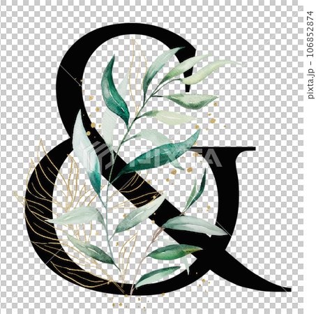 Black symbol Ampersand with green a watercolor leaves, isolated wedding illustration, Alphabet Element Black symbol Ampersand with green a watercolor leaves, isolated wedding illustration, Alphabet Element 106852874